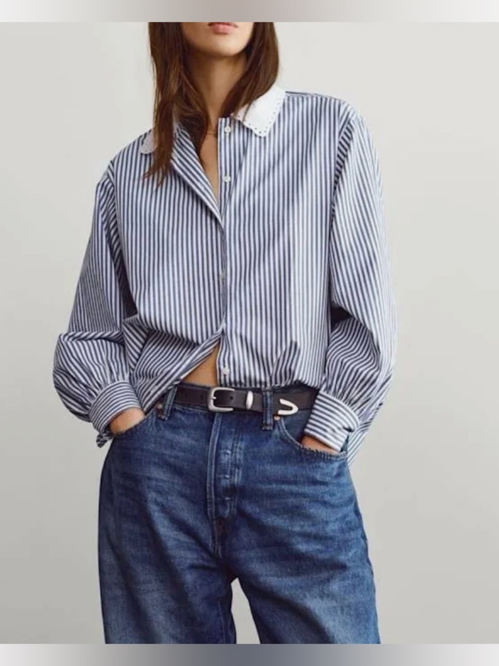 Gap x DOEN Women's Striped Button-Down Shirt with Lace Collar - Navy/White